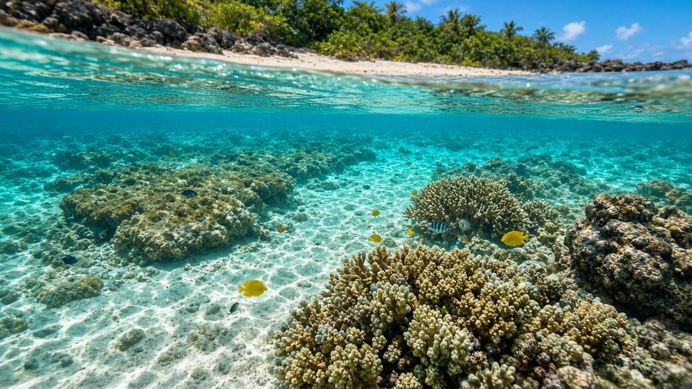 Clear turquoise water over a healthy Hawaiian coral reef near a sandy shore