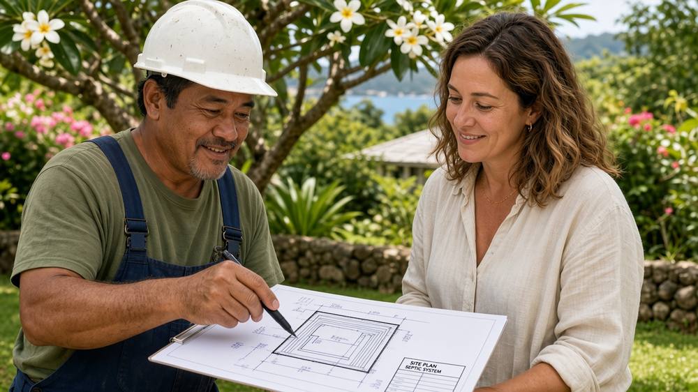 Installer in a hard hat reviewing septic system plans with a homeowner in her garden